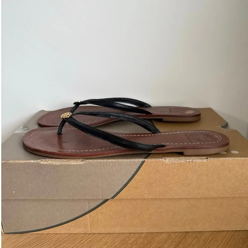 Tory Burch Terra Black Leather Women Slip On Sandals- SZ 11
